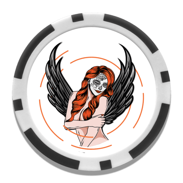 Black and white border golf poker chip with Angels of Smoke and Bacon on a white background.