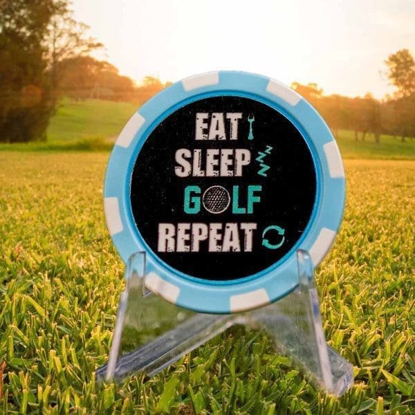 Eat sleep golf repeat golf ball poker chip marker with light blue and white border.
