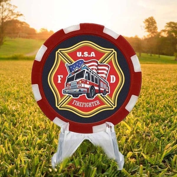 Fire enging red and white poker chip style golf ball marker.