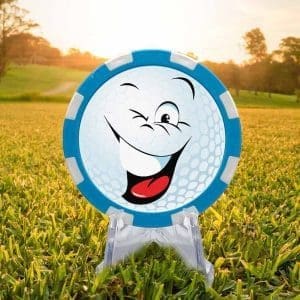 Goofy light blue and white poker chip style golf ball marker.
