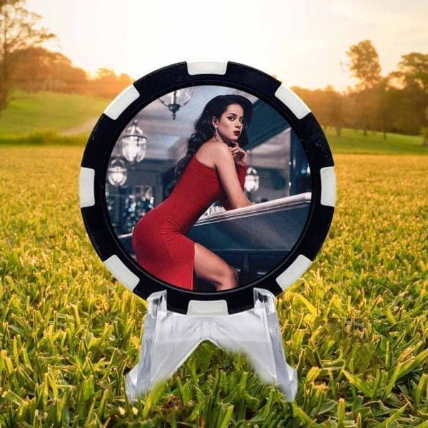 Lady in red black and white poker chip style golf ball marker.