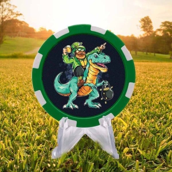 Leprechaun T Rex green and white poker chip style golf ball marker.