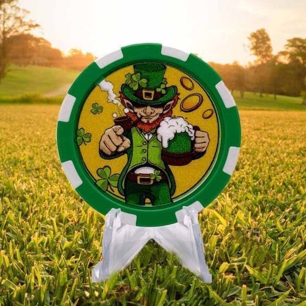 Leprechaun holding a green beer design on a green and white poker chip style golf ball marker.
