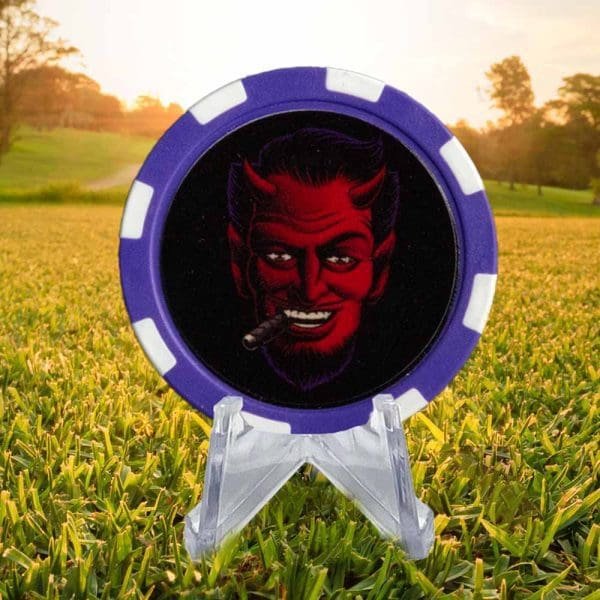 Red Devil, the gentleman, purple and white poker-chip style golf ball marker.