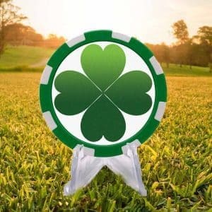 Green four leaf clover, green and white poker chip golf ball marker.