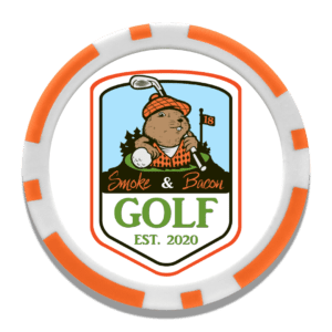 Orange and white border golf poker chip with Smoke and Bacon Golf Logo.