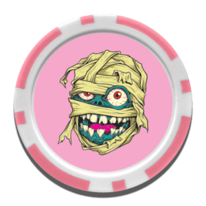 Pink and white border golf poker chip with pink background, teal blue/green mummy head image centered.