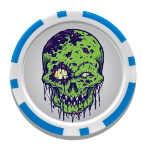 Blue and white border golf poker chip marker with green dripping Zombie head.